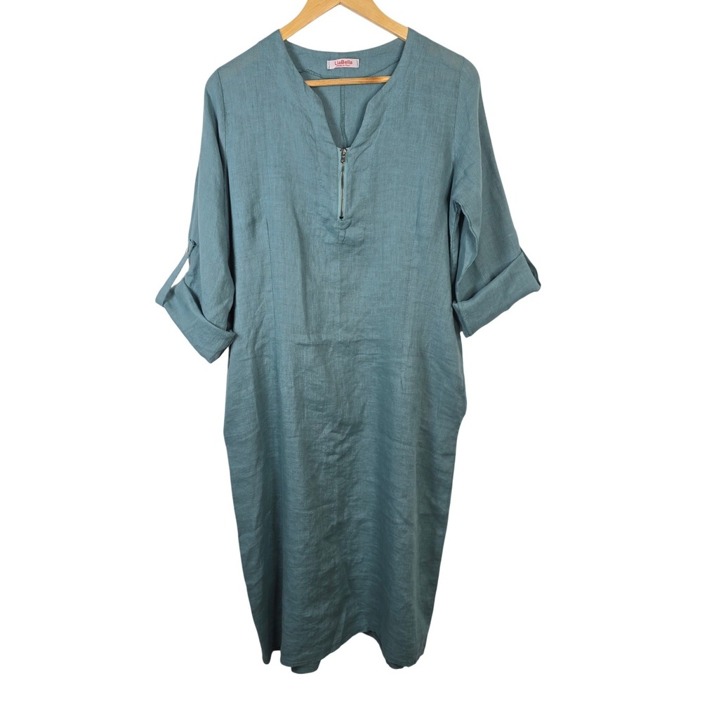 LiaBella Made in Italy 100% Linen Teal Blue Quarter Zip Roll‎ Tab Midi Dress OS